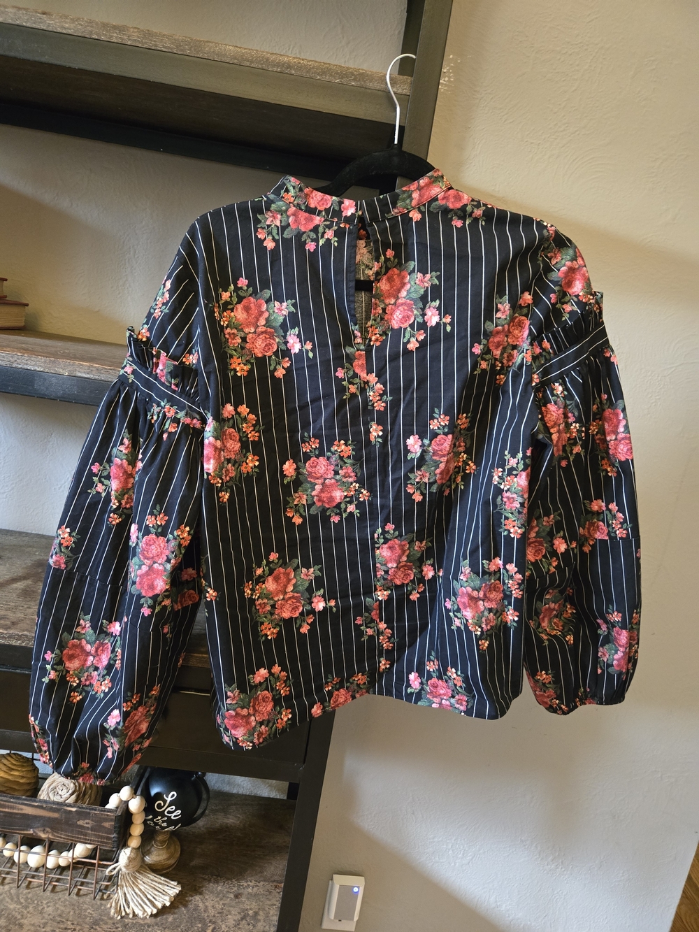 H&M Black Pinstripe Blouse with Pink Floral Print
